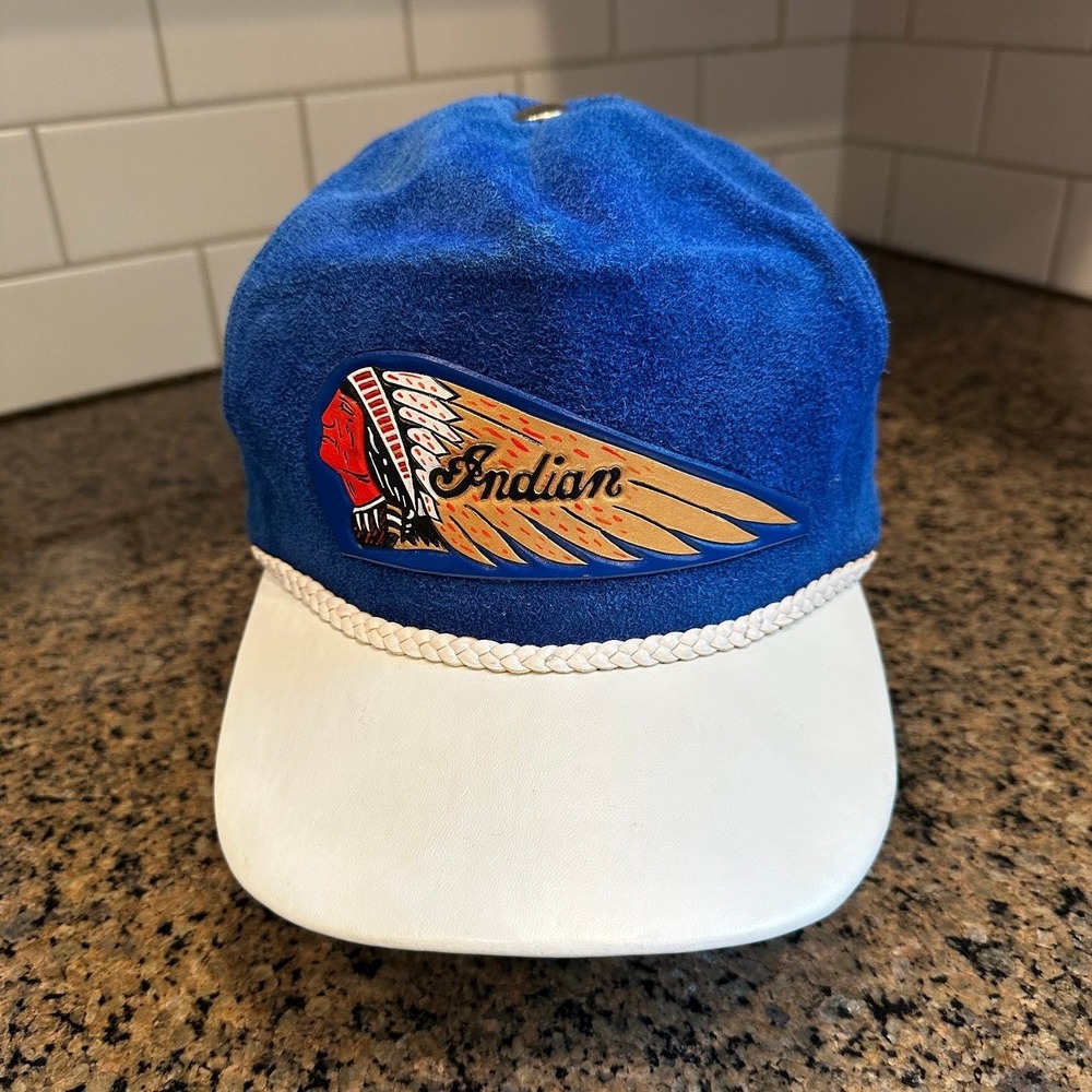 Vtg Indian Motorcycle Hat Suede Leather Bill Men's Adjustable Blue